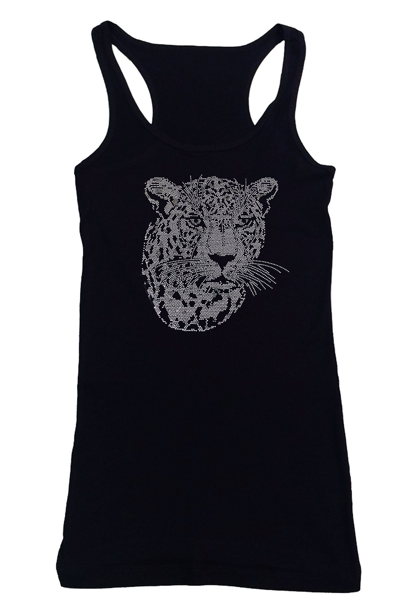 Women's Rhinestone Fitted Tight Snug Shirt Silver Leopard Face