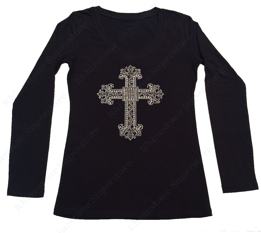 Womens T-shirt with Silver Cross in Rhinestuds