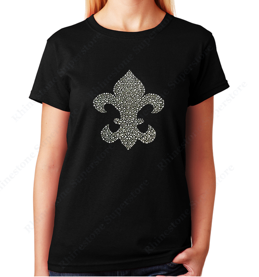 Women Unisex T-Shirt with Silver Fleur de lis in Rhinestuds Crew Neck