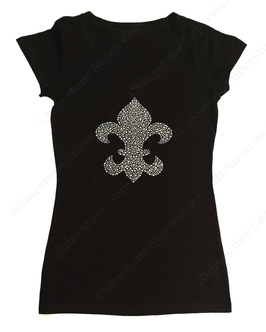 Womens T-shirt with Silver Fleur de lis in Rhinestuds