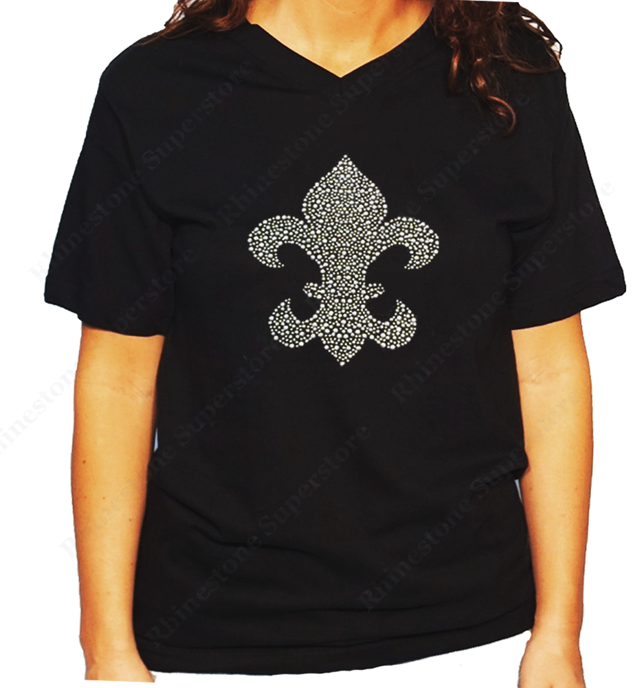Women Unisex T-Shirt with Silver Fleur de lis in Rhinestuds V Neck