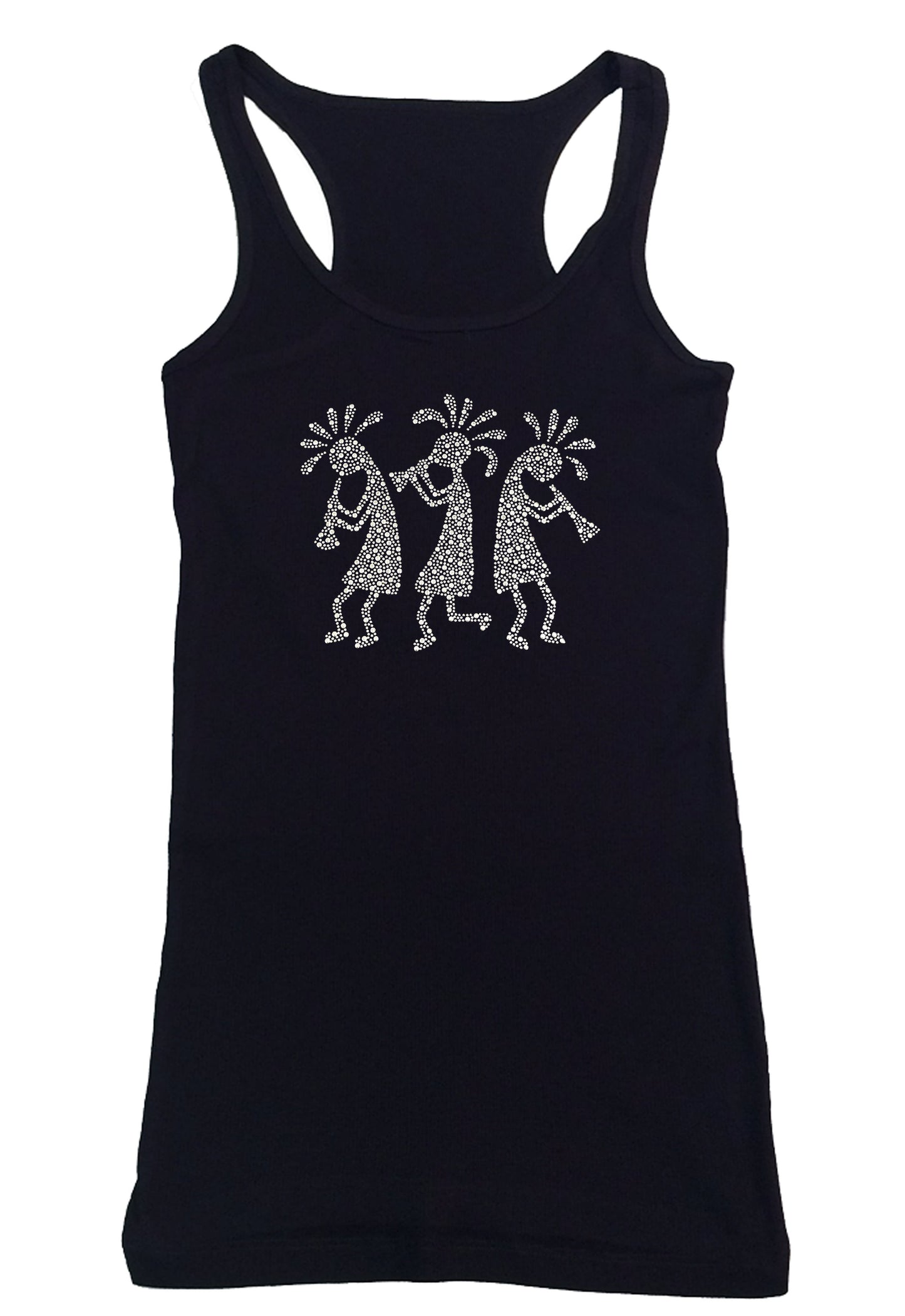 Womens T-shirt with Silver Kokopelli in Rhinestuds