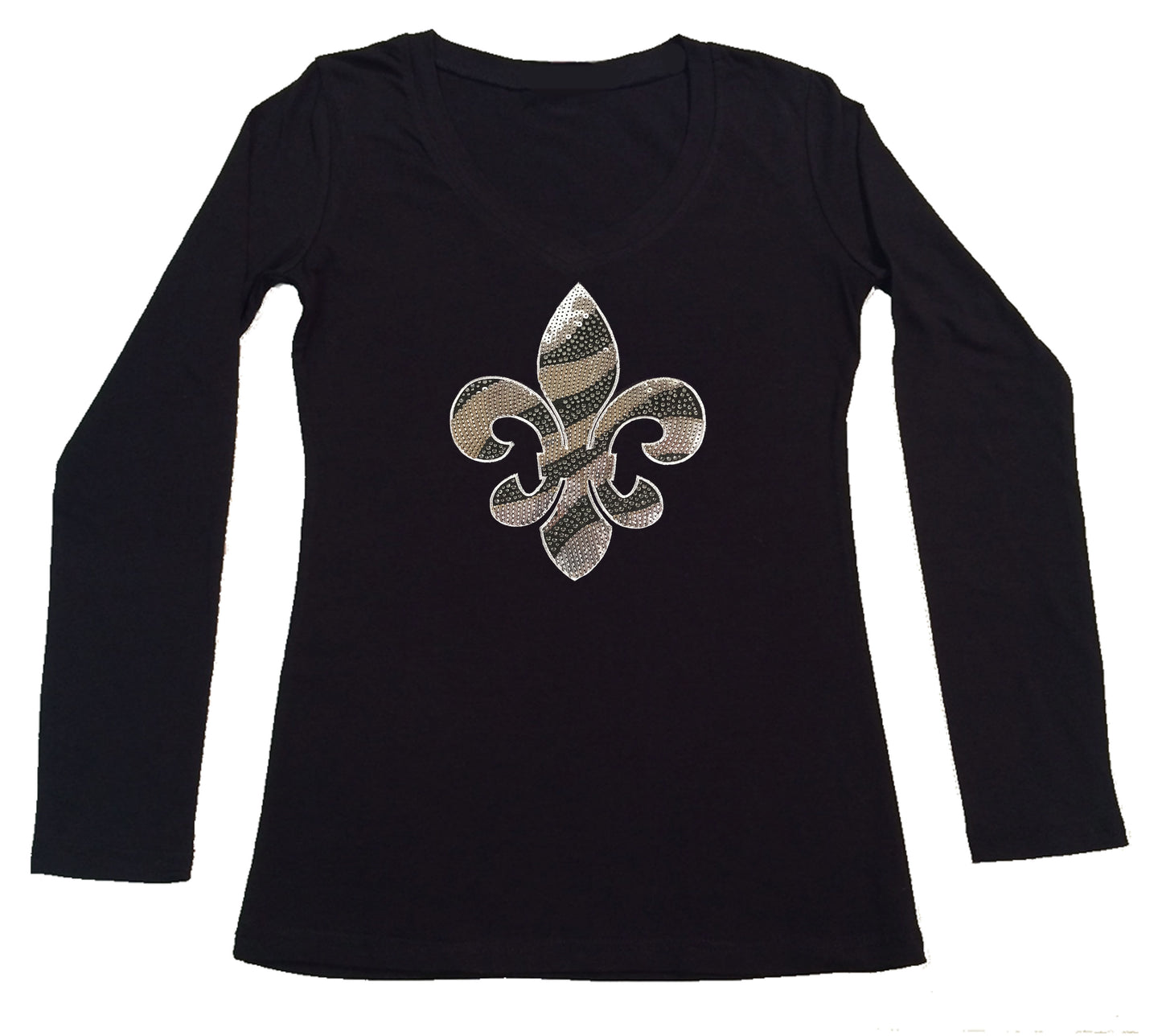 Womens T-shirt with Silver Sequins and Rhinestones Fleur de Lis