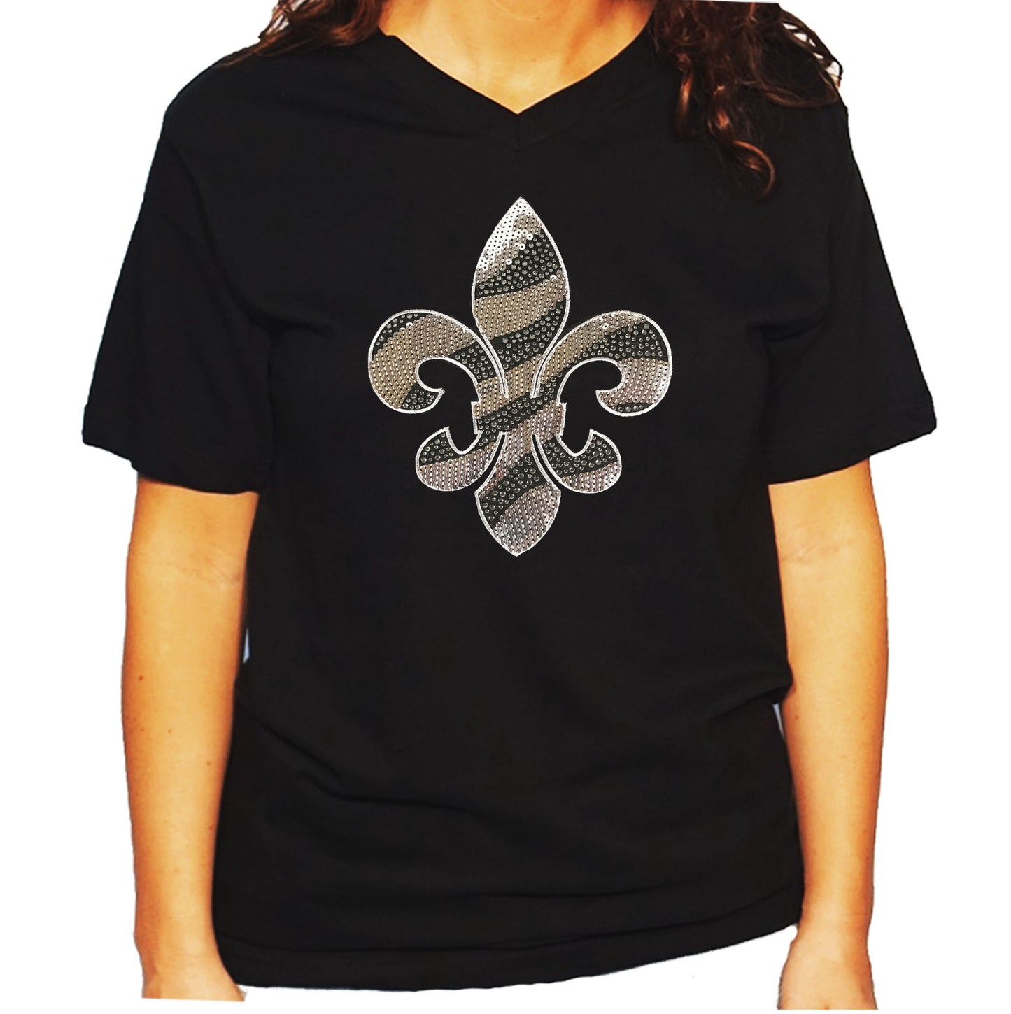 Women's / Unisex T-Shirt with Silver Sequins and Rhinestones Fleur de Lis
