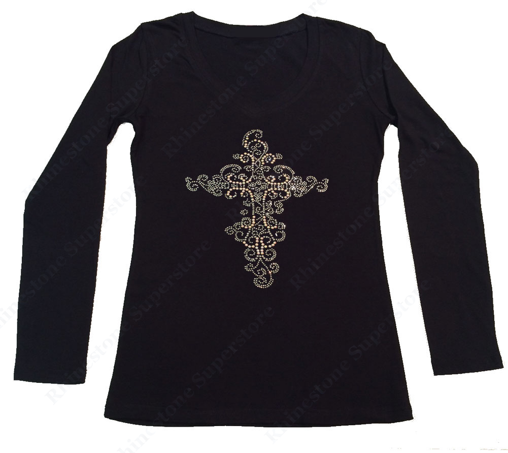 Womens T-shirt with Silver and Pearl Cross in Rhinestones