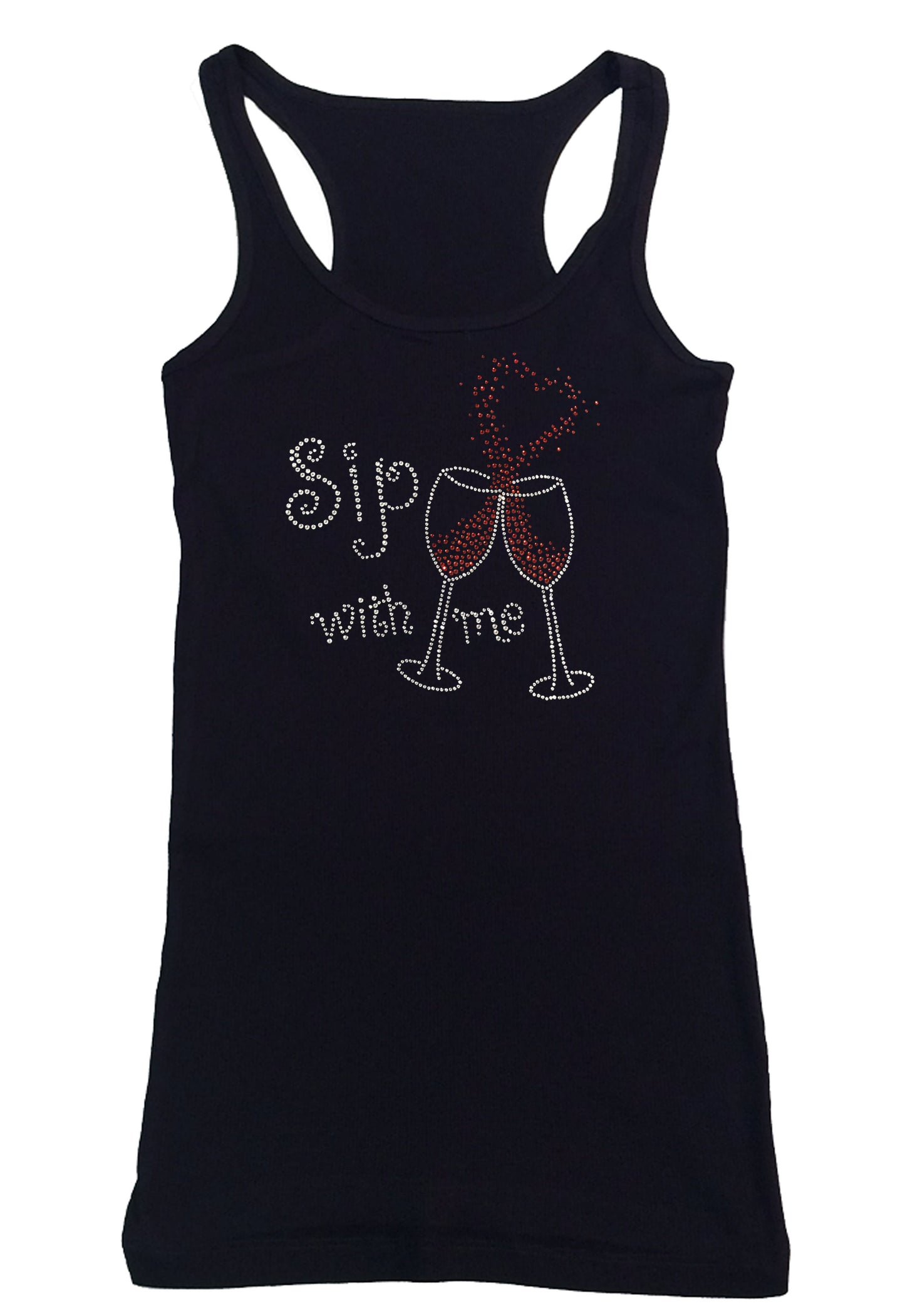 Womens T-shirt with Sip with Me Wine Cups with Heart in Rhinestones