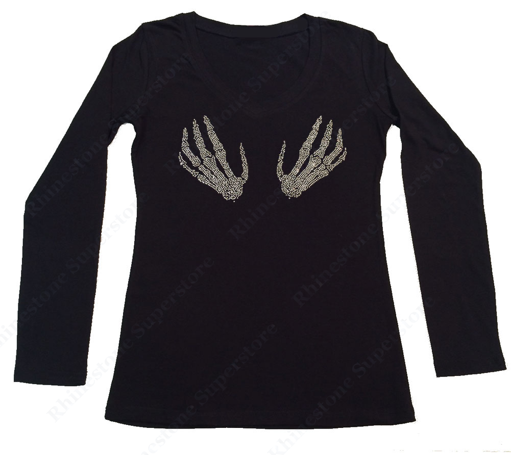 Womens T-shirt with Skeleton Hands in Rhinestones