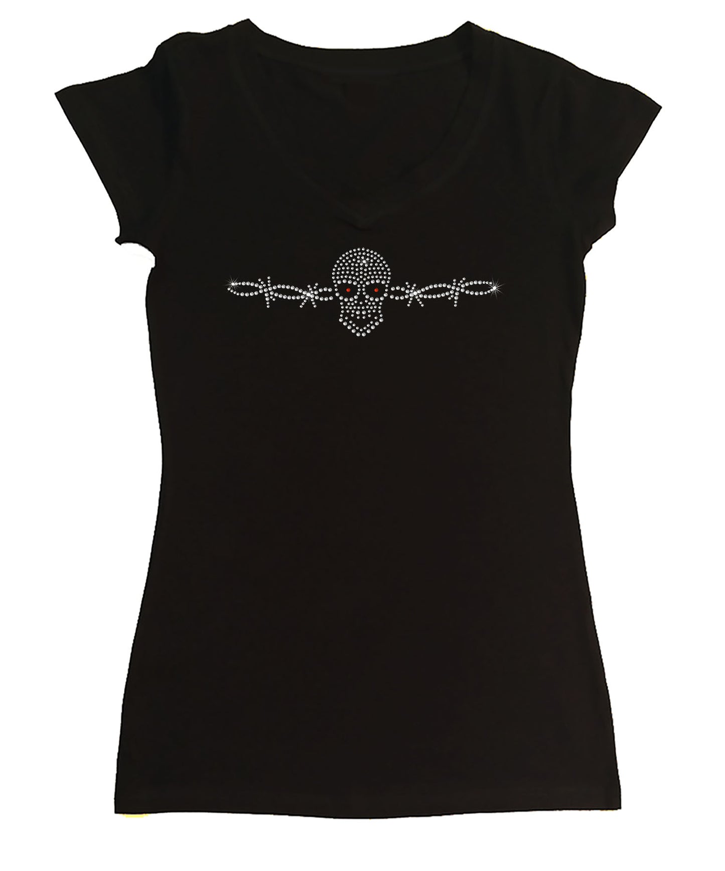 Womens T-shirt with Skull with Barbwire in Rhinestones