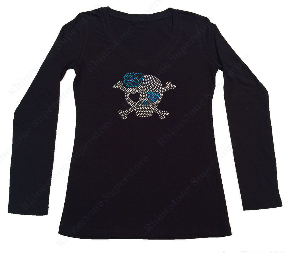 Womens T-shirt with Skull with Blue Rose in Rhinestones