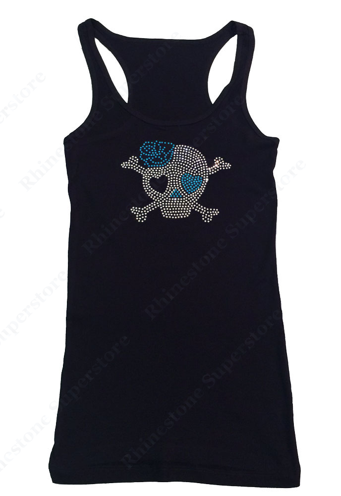 Womens T-shirt with Skull with Blue Rose in Rhinestones