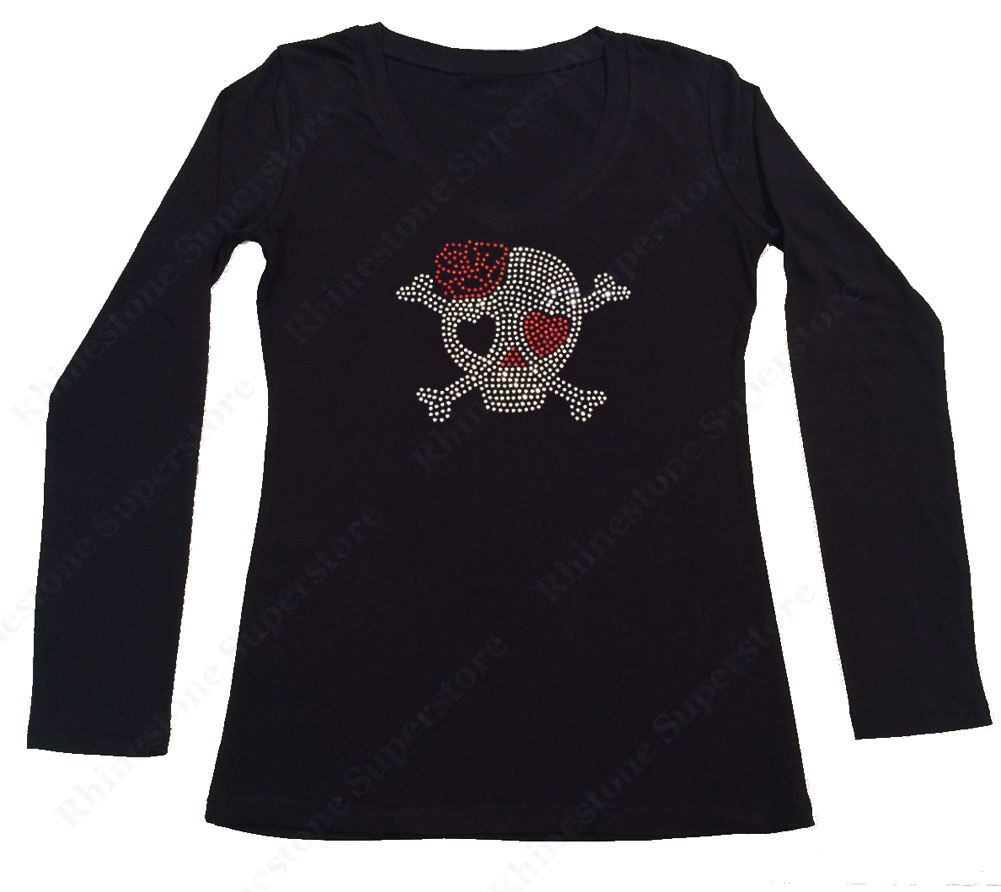 Womens T-shirt with Skull with Red Rose in Rhinestones