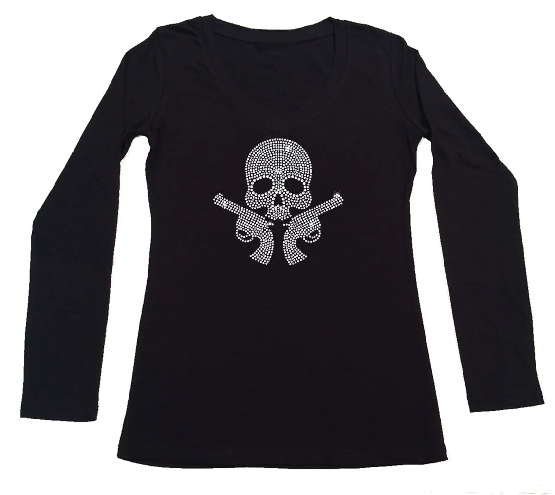 Women's Rhinestone Fitted Tight Snug Skull with Guns