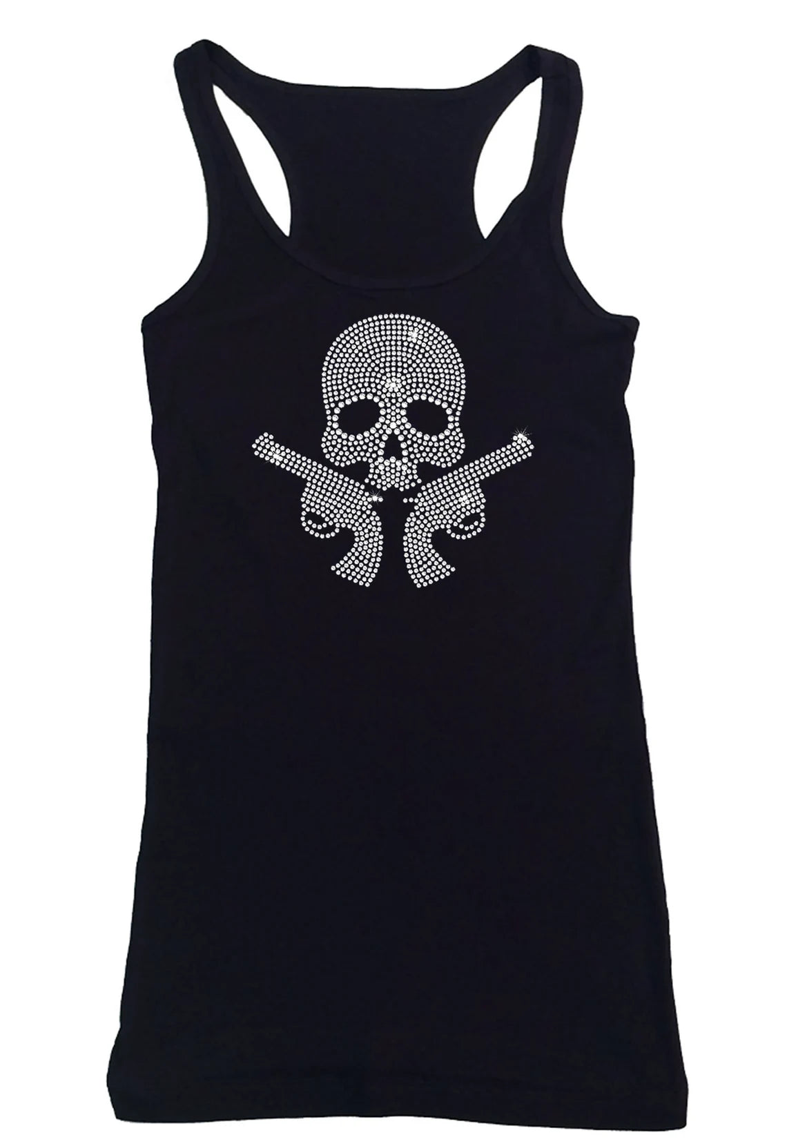 Women's Rhinestone Fitted Tight Snug Skull with Guns