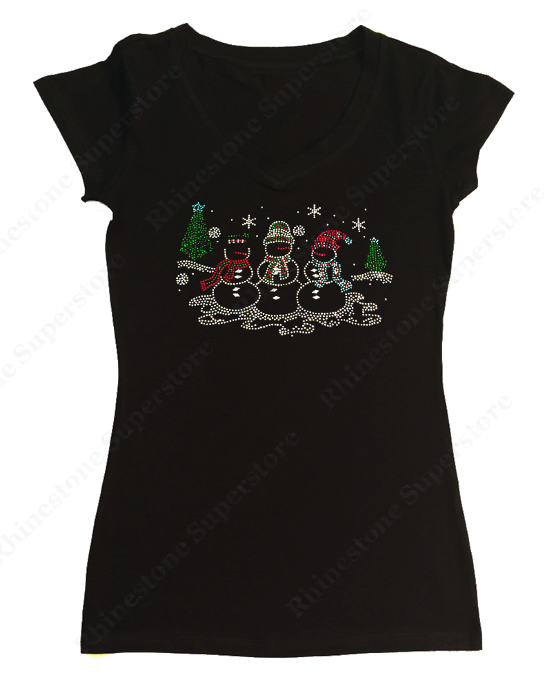 Womens T-shirt with Snowman with Christmas Tree in Rhinestones