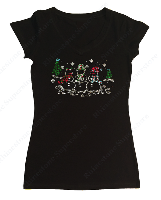 Womens T-shirt with Snowman with Christmas Tree in Rhinestones