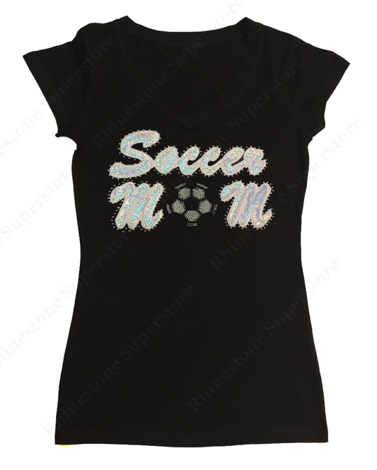 Womens T-shirt with Soccer Mom in Sequence and Outlined in Rhinestones