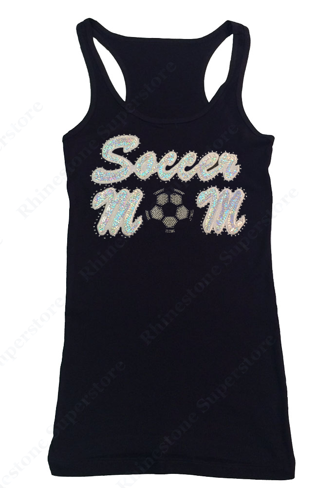 Womens T-shirt with Soccer Mom in Sequence and Outlined in Rhinestones