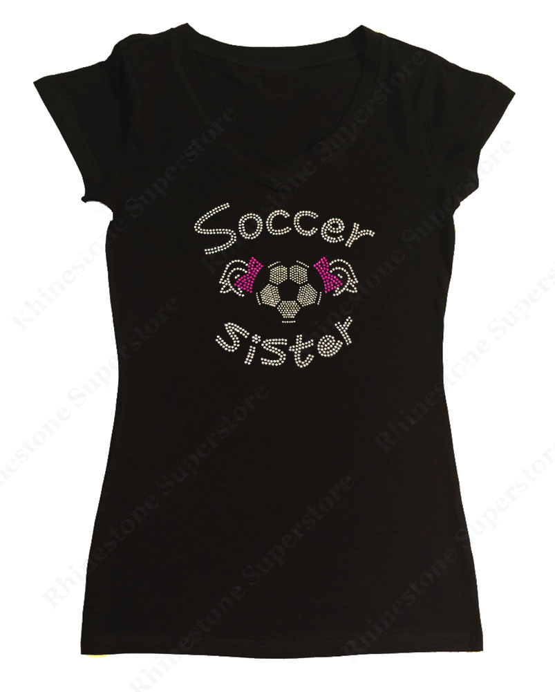 Womens T-shirt with Soccer Sister with Pigtails in Rhinestones