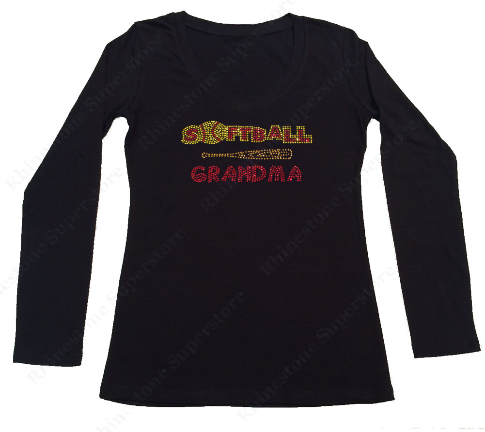 Womens T-shirt with Softball Grandma with Bat in Rhinestones
