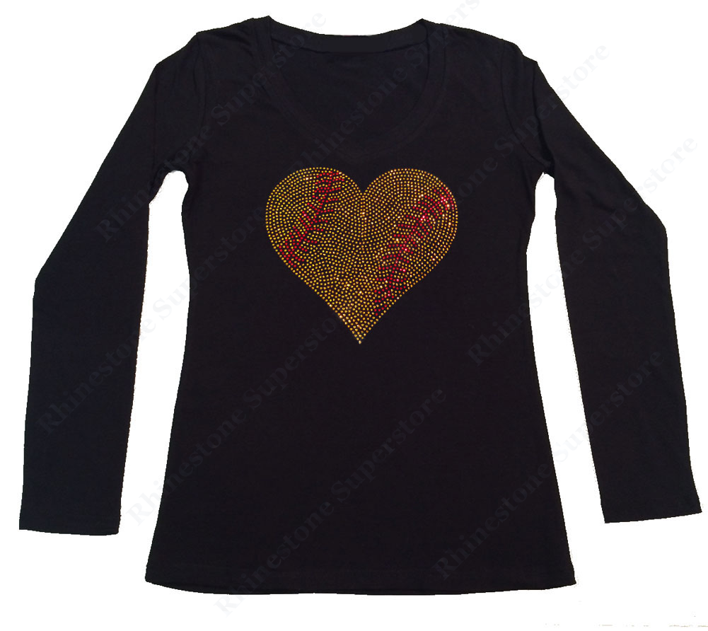 Womens T-shirt with Softball Heart in Rhinestones