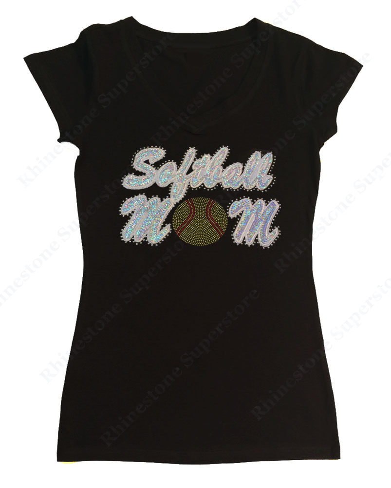 Womens T-shirt with Softball Mom in Sequence & Rhinestones