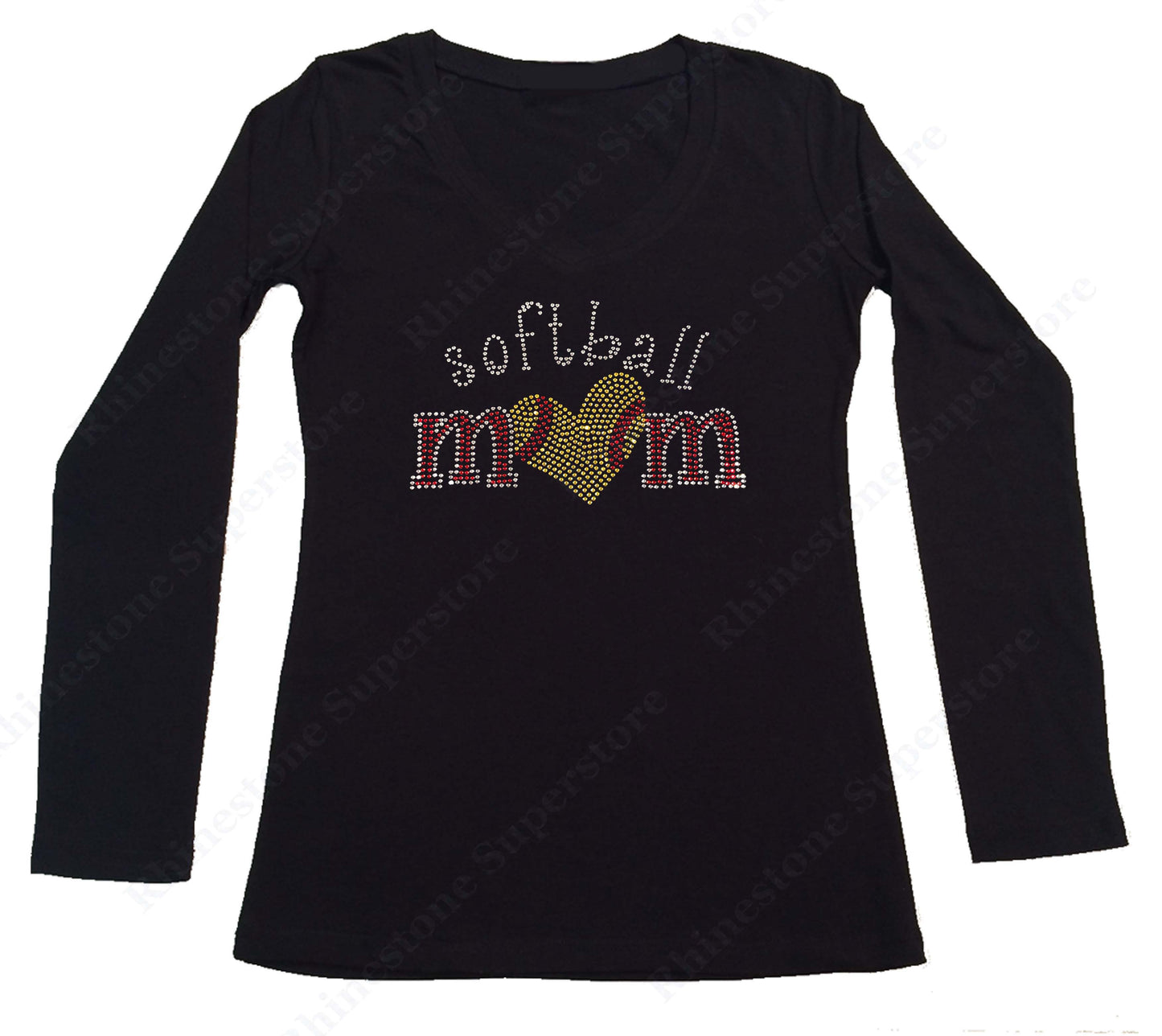 Womens T-shirt with Softball Mom with Heart in Rhinestones