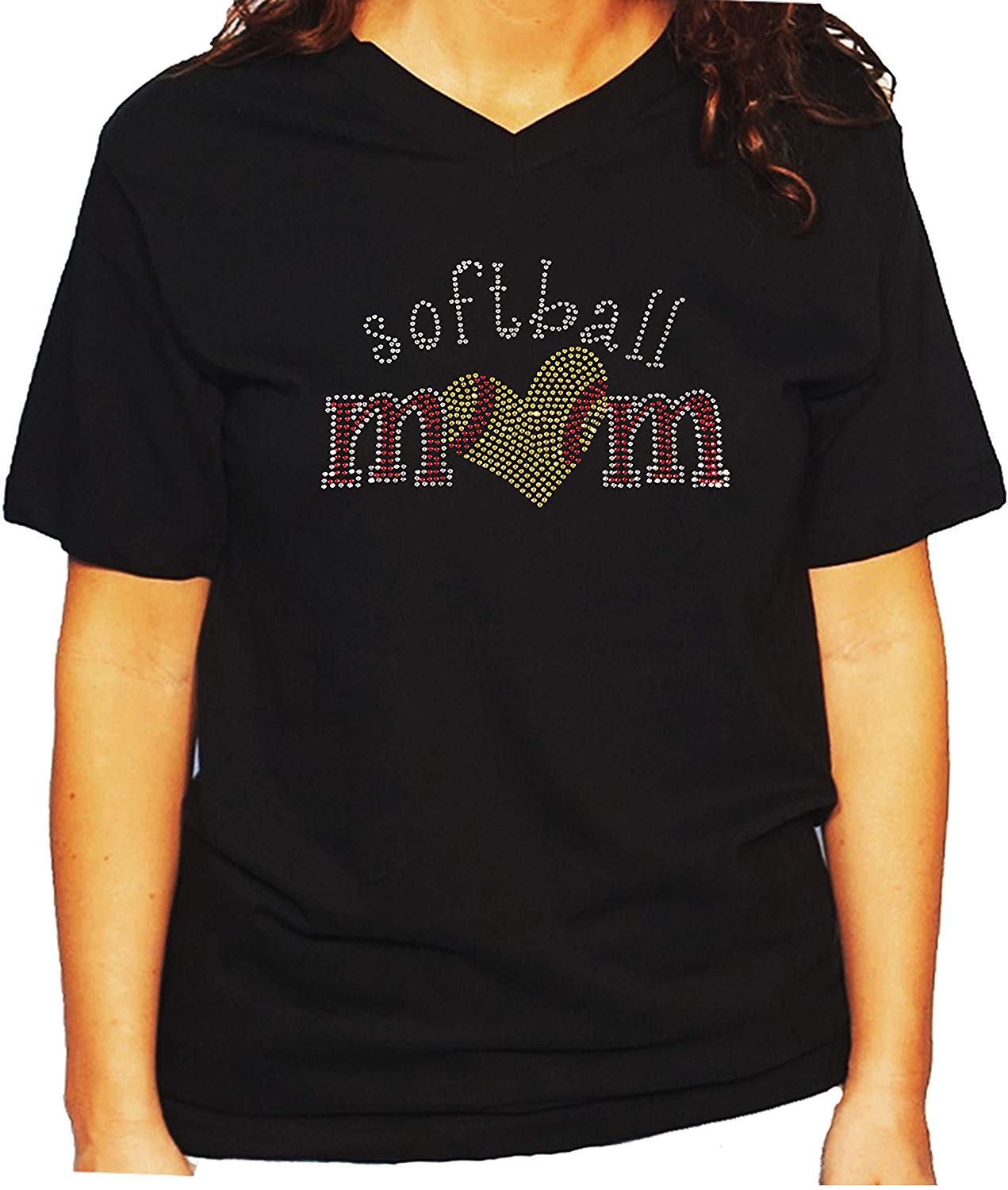 Women's / Unisex T-Shirt with Softball Mom with Heart in Rhinestones