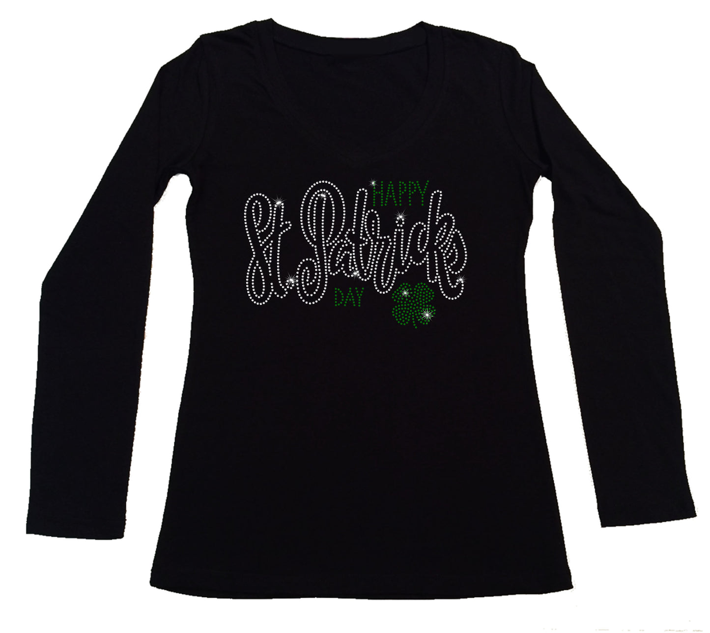 Women's Rhinestone Fitted Tight Snug Shirt St. Particks Day with Green Clover - St. Patrics Day Shirt