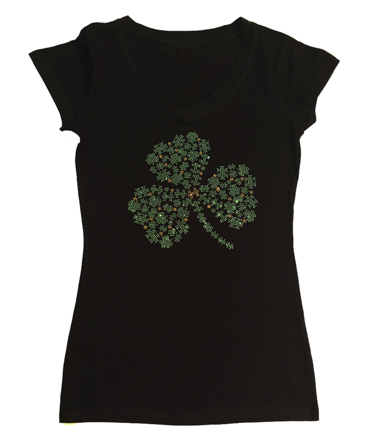 Womens T-shirt with St Patrick's Clover Collage in Rhinestones