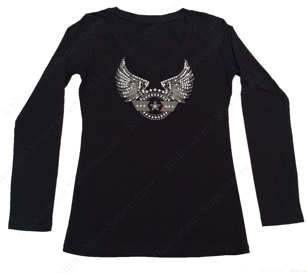 Womens T-shirt with Stars with Wings in Rhinestones