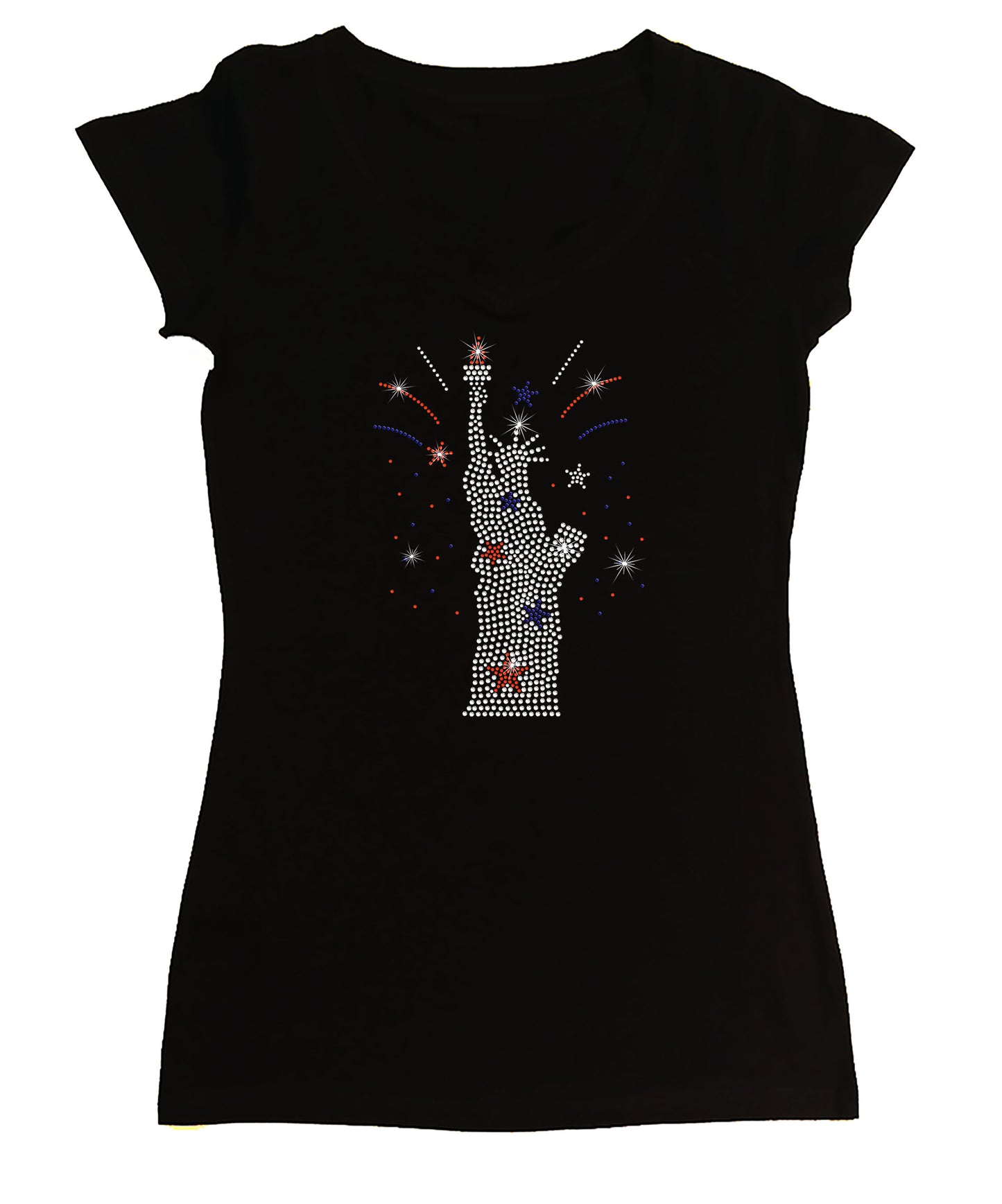 Women's Rhinestone Fitted Tight Snug Shirt Statue of Liberty with Firework Burst in Red, White & Blue, Patriotic Shirt, 4th of July Shirt
