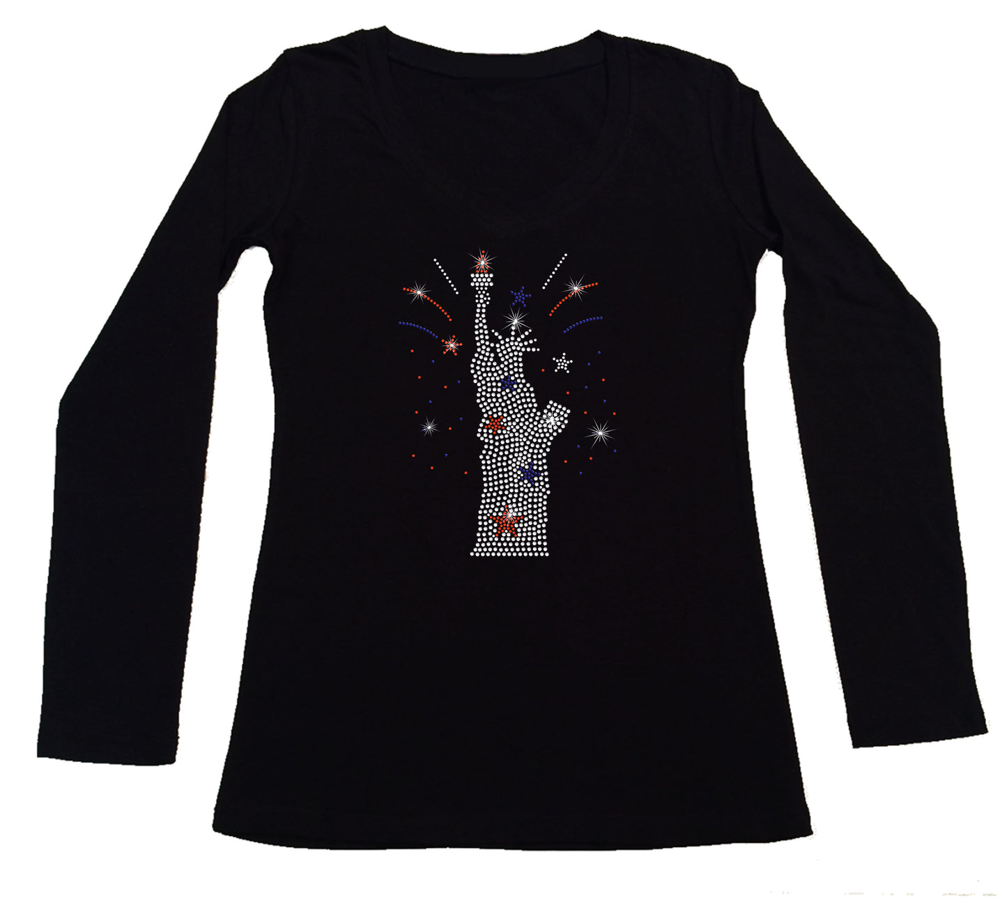 Women's Rhinestone Fitted Tight Snug Shirt Statue of Liberty with Firework Burst in Red, White & Blue, Patriotic Shirt, 4th of July Shirt