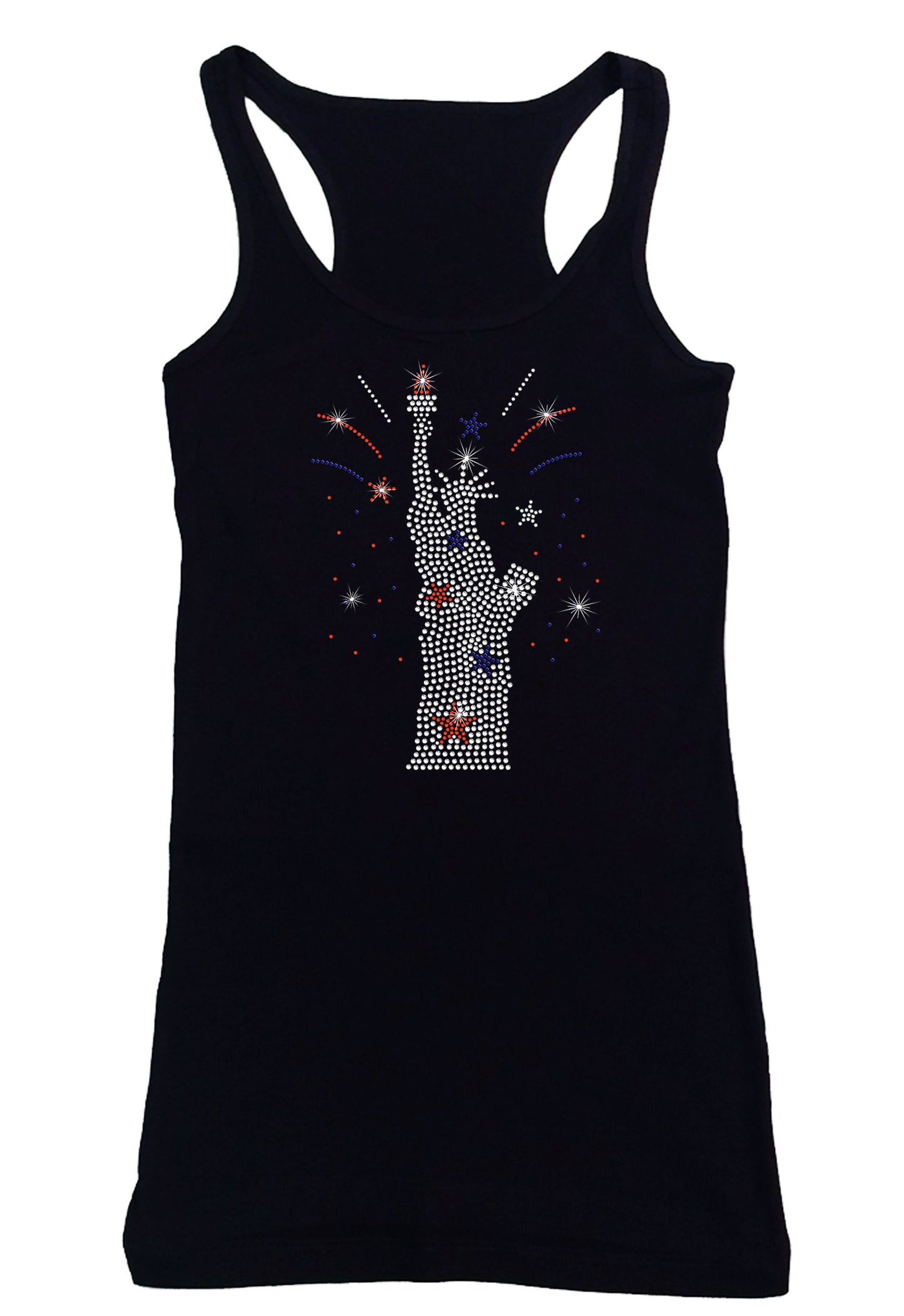 Women's Rhinestone Fitted Tight Snug Shirt Statue of Liberty with Firework Burst in Red, White & Blue, Patriotic Shirt, 4th of July Shirt