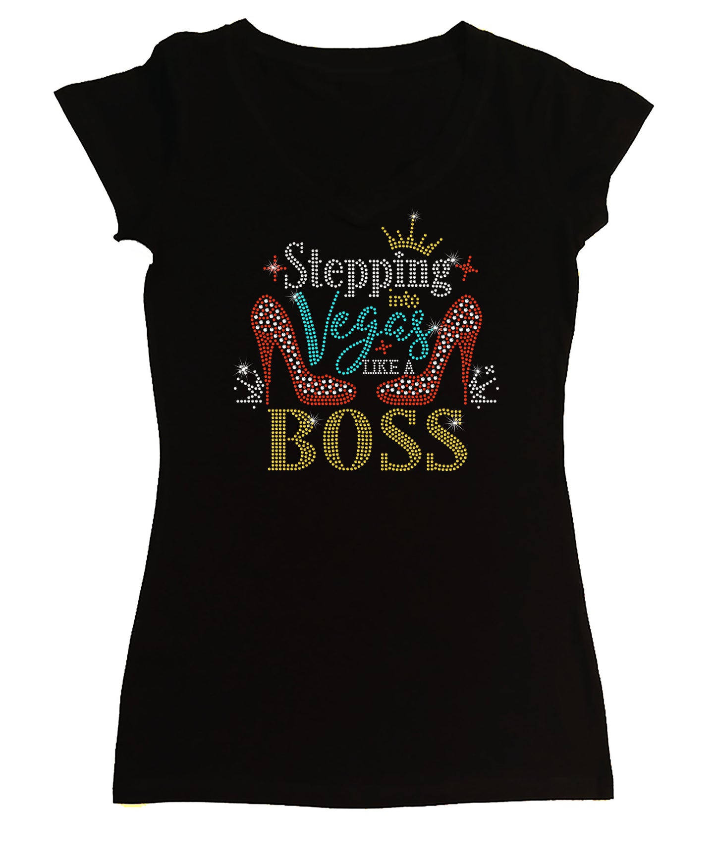 Women's Rhinestone Fitted Tight Snug Shirt Stepping into Vegas Like a Boss - with Heel, Las Vegas Shirt