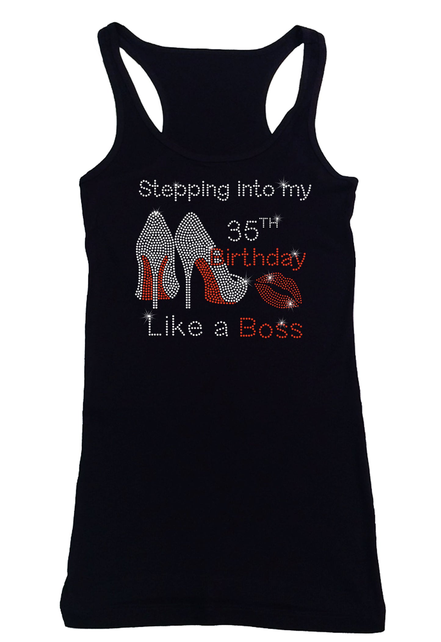 Women's Rhinestone Fitted Tight Snug Shirt Stepping into My Birthday Like a Boss - with Heels & Lips