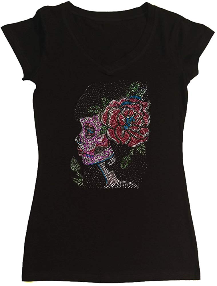 Women's / Unisex T-Shirt with Sugar Skull Girl With Flower In Rhinestuds