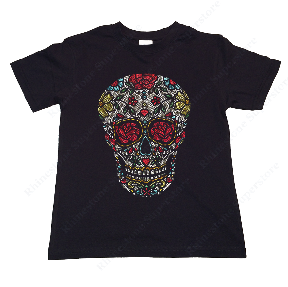 Girls Rhinestone T-Shirt " Sugar Skull with Roses " Size 3 to 14 Available