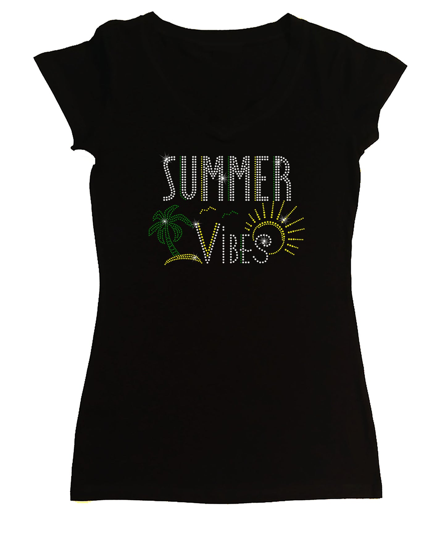 Women's Rhinestone Fitted Tight Snug Shirt Summer Vibes - Sunshine and Palm Tree Summer Shirt