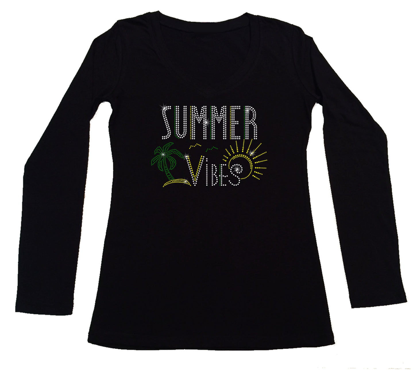 Women's Rhinestone Fitted Tight Snug Shirt Summer Vibes - Sunshine and Palm Tree Summer Shirt