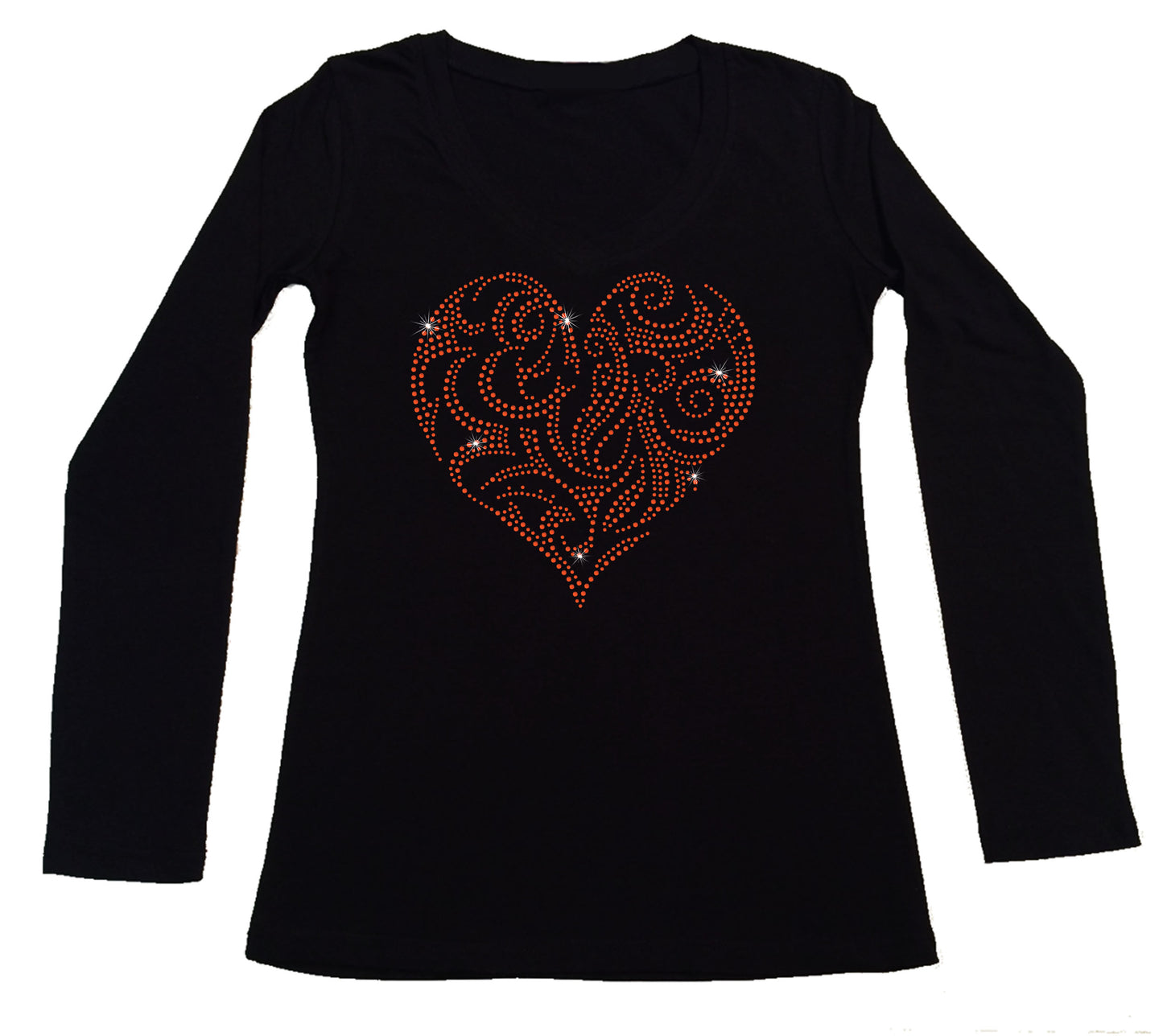 Women's Rhinestone Fitted Tight Snug Shirt Swirl Red Heart - Valentines Shirt