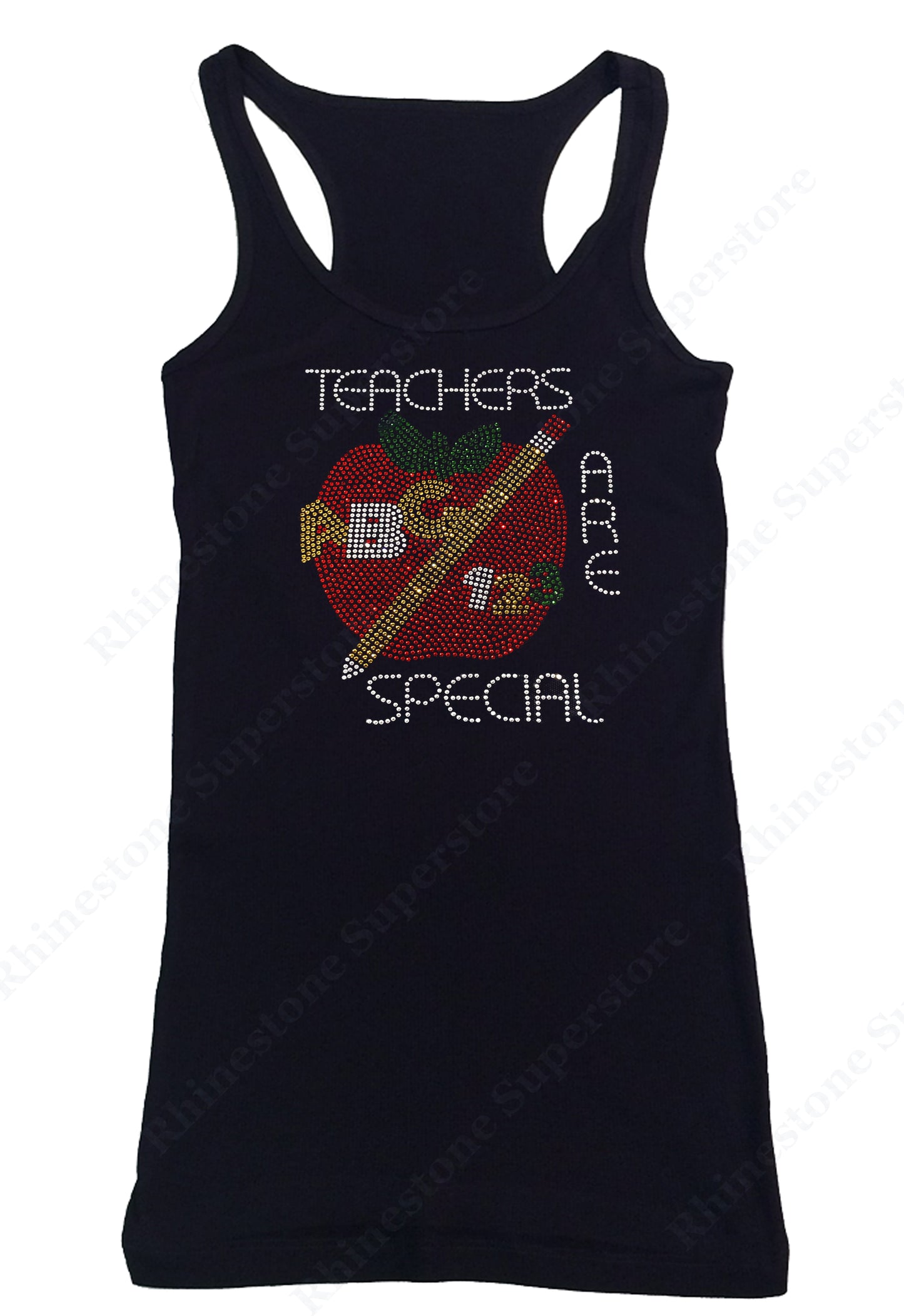 Womens T-shirt with Teacher are Special with Red Apple in Rhinestones