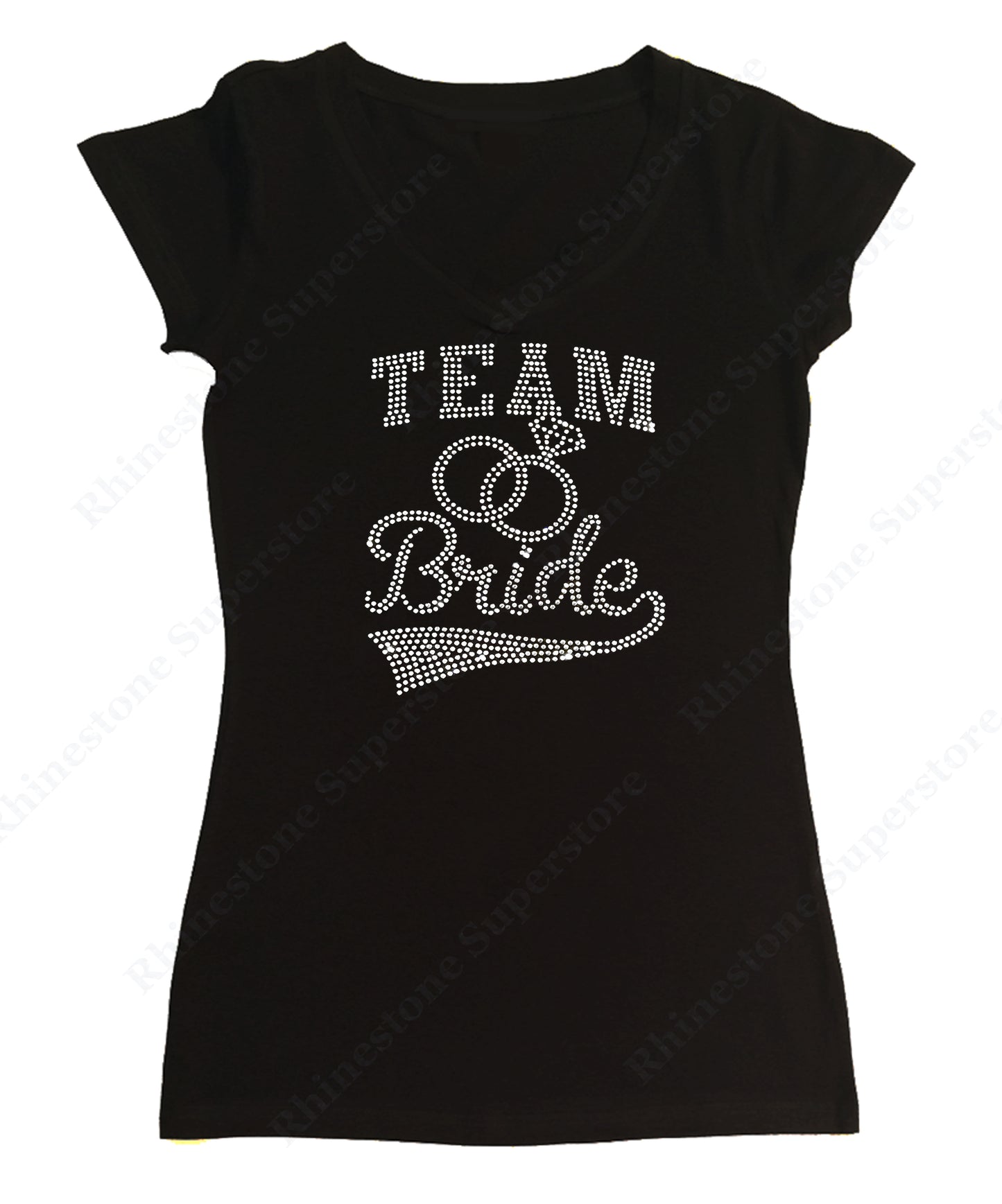 Womens T-shirt with Team Bride with Rings in Rhinestones