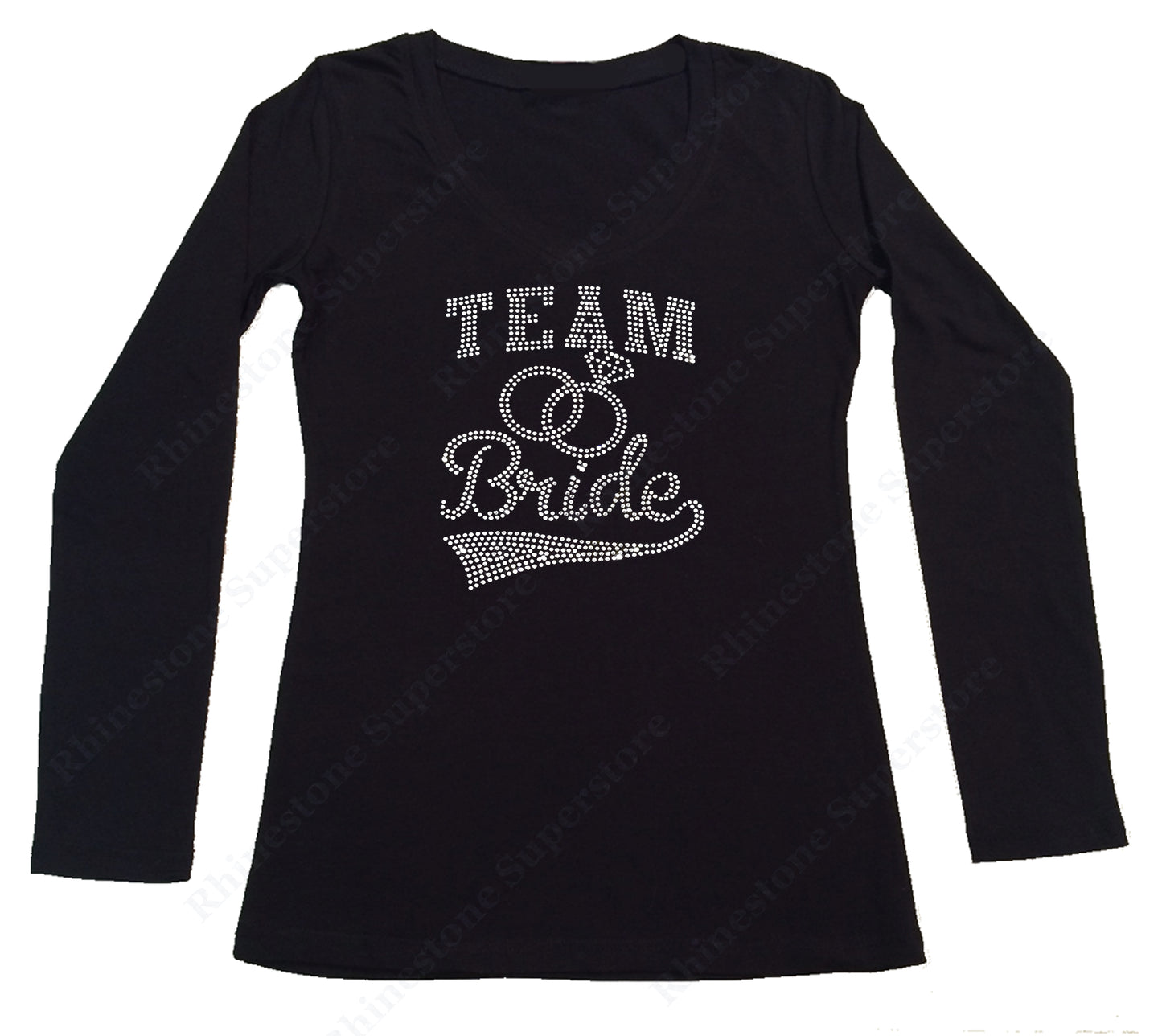 Womens T-shirt with Team Bride with Rings in Rhinestones