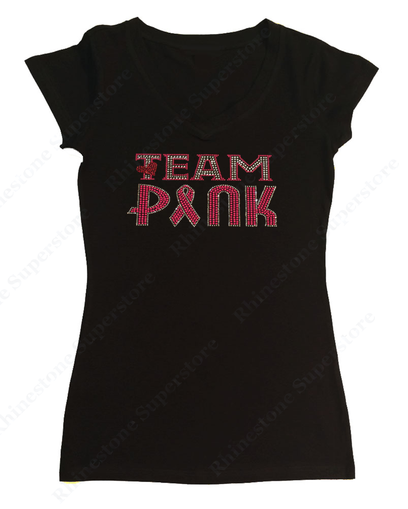 Womens T-shirt with Team Pink Cancer Ribbon and Heart in Rhinestones