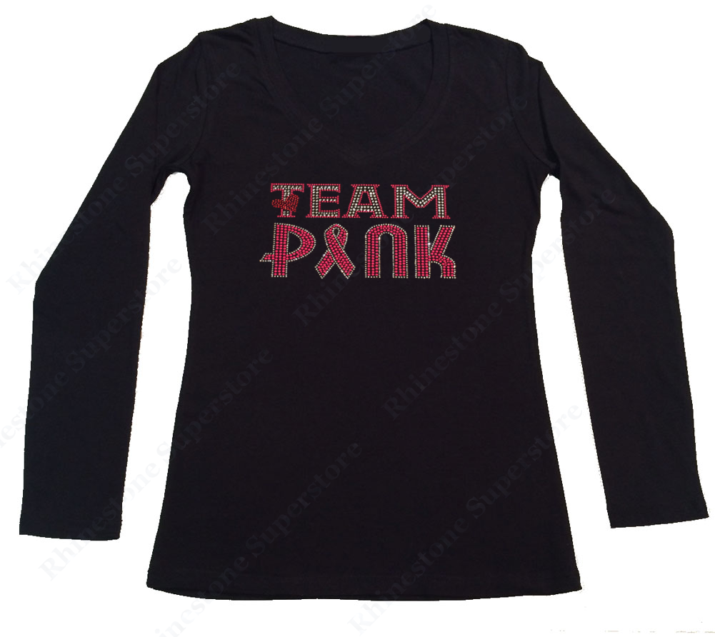 Womens T-shirt with Team Pink Cancer Ribbon and Heart in Rhinestones