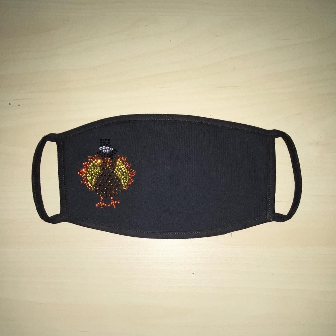 Rhinestone Embellished Black Face Mask with Thanksgiving Turkey