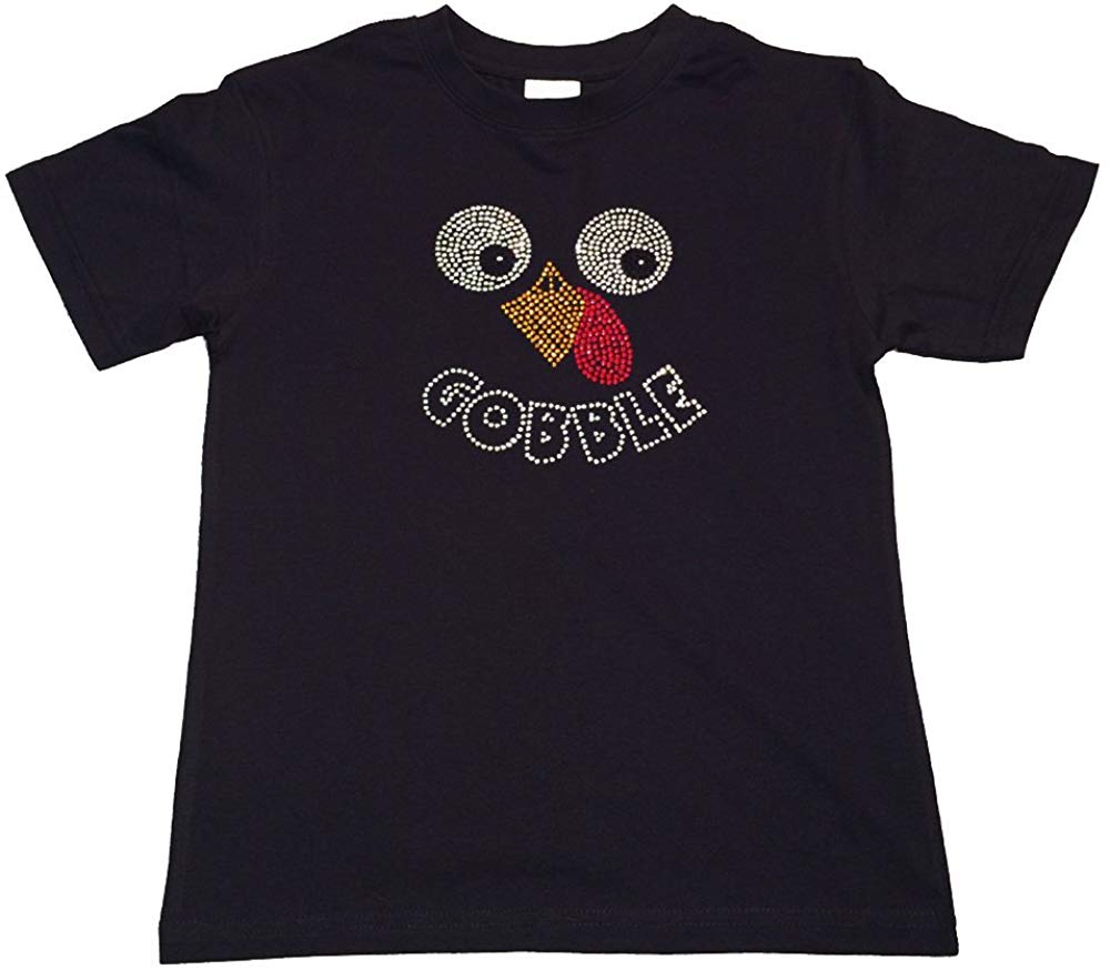 Rhinestone T-Shirt " Thanksgiving Turkey Face Gobble in Rhinestones " Kids Size 3 to 14 Available