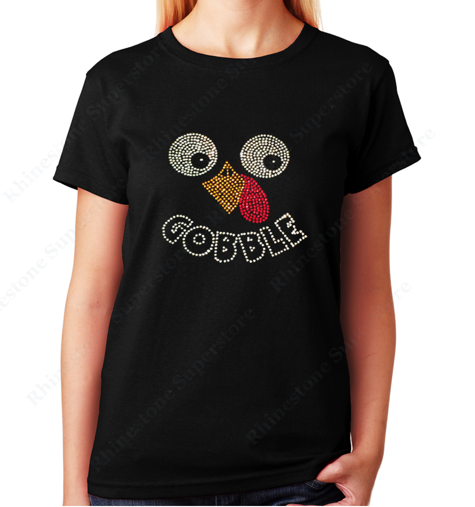 unisex Thanksgiving Turkey Face Gobble crew neck rhinestones