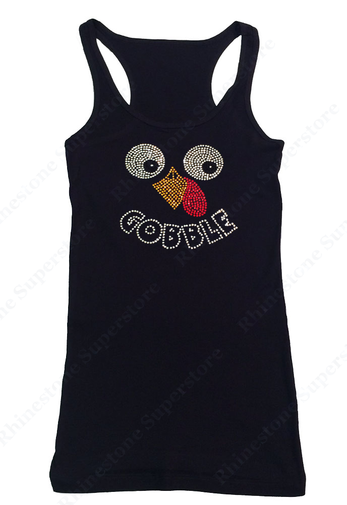 Womens T-shirt with Thanksgiving Turkey Face Gobble in Rhinestones