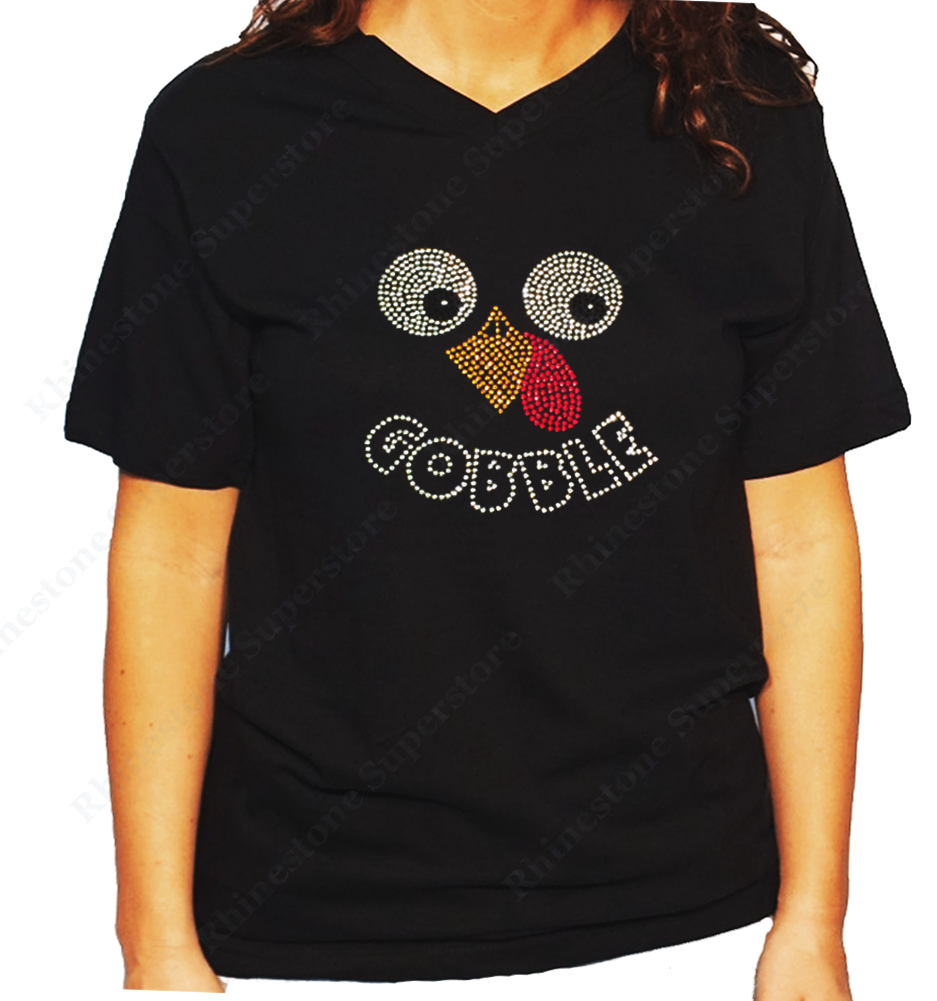 unisex Thanksgiving Turkey Face Gobble V neck rhinestones